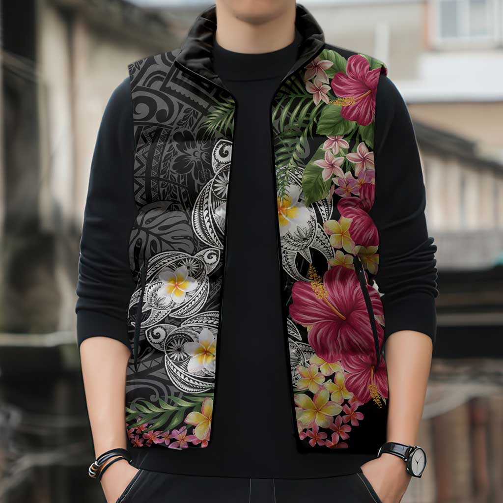 Hawaiian Tropical Flowers and Tribal Turtles Sleeveless Puffer Jacket Polynesian Art Motifs Black Color LT03 - Polynesian Pride