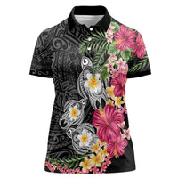 Hawaiian Tropical Flowers and Tribal Turtles Women Polo Shirt Polynesian Art Motifs Black Color LT03 Female Black - Polynesian Pride