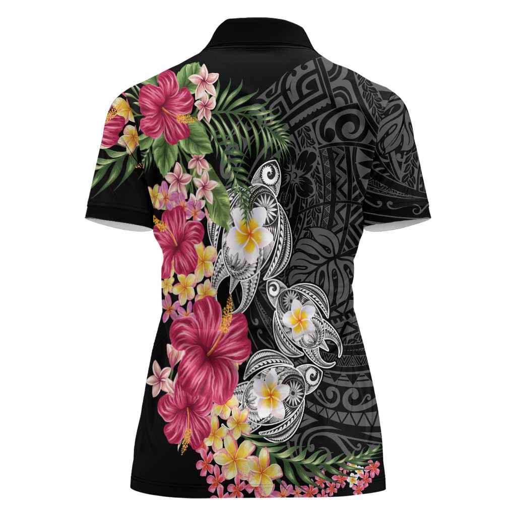 Hawaiian Tropical Flowers and Tribal Turtles Women Polo Shirt Polynesian Art Motifs Black Color LT03 - Polynesian Pride