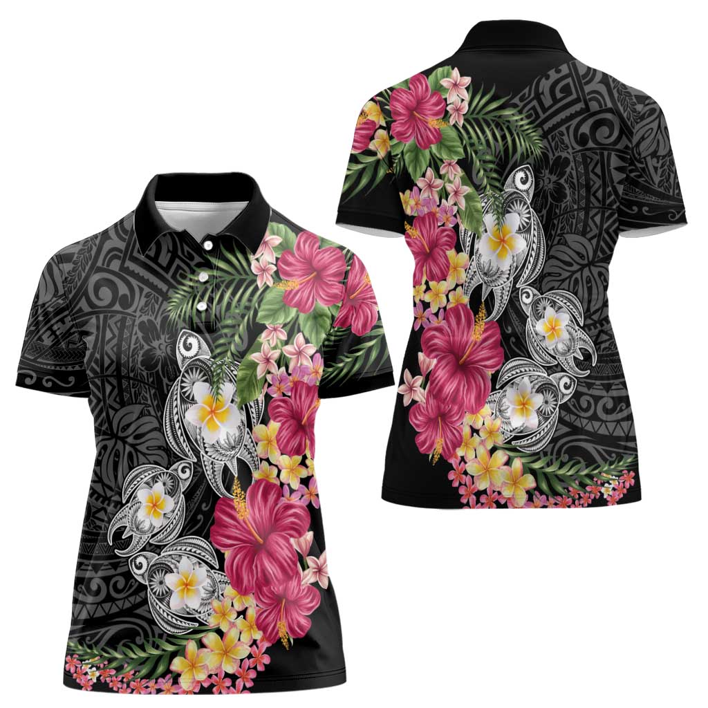 Hawaiian Tropical Flowers and Tribal Turtles Women Polo Shirt Polynesian Art Motifs Black Color LT03 - Polynesian Pride