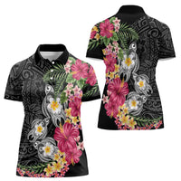 Hawaiian Tropical Flowers and Tribal Turtles Women Polo Shirt Polynesian Art Motifs Black Color LT03 - Polynesian Pride