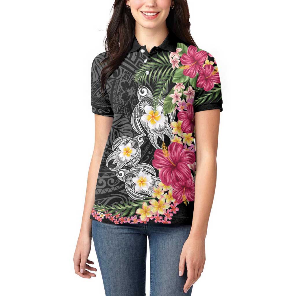 Hawaiian Tropical Flowers and Tribal Turtles Women Polo Shirt Polynesian Art Motifs Black Color LT03 - Polynesian Pride