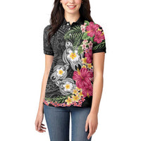 Hawaiian Tropical Flowers and Tribal Turtles Women Polo Shirt Polynesian Art Motifs Black Color LT03 - Polynesian Pride