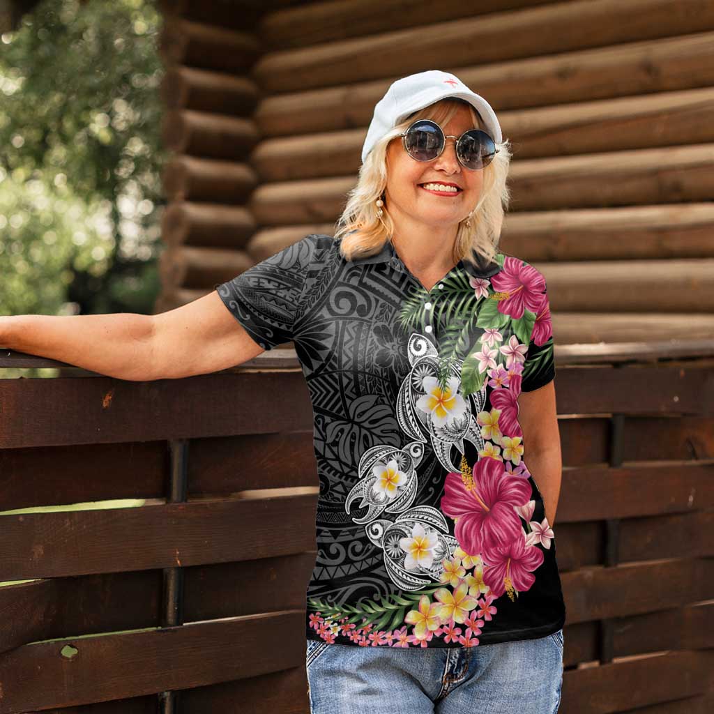 Hawaiian Tropical Flowers and Tribal Turtles Women Polo Shirt Polynesian Art Motifs Black Color LT03 - Polynesian Pride