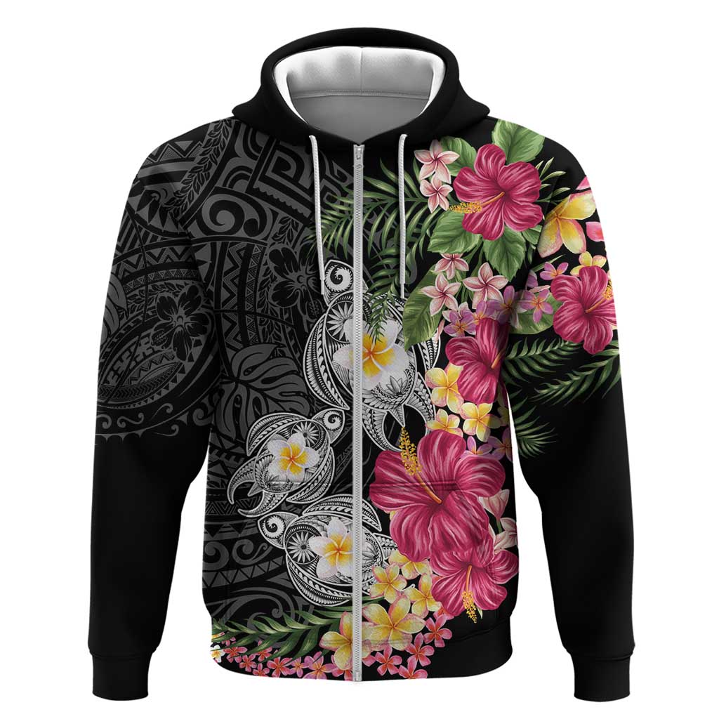 Hawaiian Tropical Flowers and Tribal Turtles Zip Hoodie Polynesian Art Motifs Black Color LT03 Zip Hoodie Black - Polynesian Pride