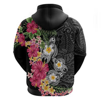 Hawaiian Tropical Flowers and Tribal Turtles Zip Hoodie Polynesian Art Motifs Black Color LT03 - Polynesian Pride