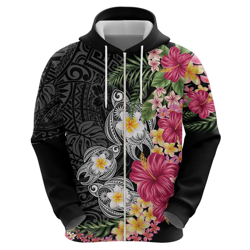 Hawaiian Tropical Flowers and Tribal Turtles Zip Hoodie Polynesian Art Motifs Black Color LT03 - Polynesian Pride