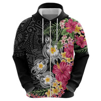 Hawaiian Tropical Flowers and Tribal Turtles Zip Hoodie Polynesian Art Motifs Black Color LT03 - Polynesian Pride
