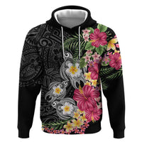 Hawaiian Tropical Flowers and Tribal Turtles Zip Hoodie Polynesian Art Motifs Black Color LT03 Pullover Hoodie Black - Polynesian Pride