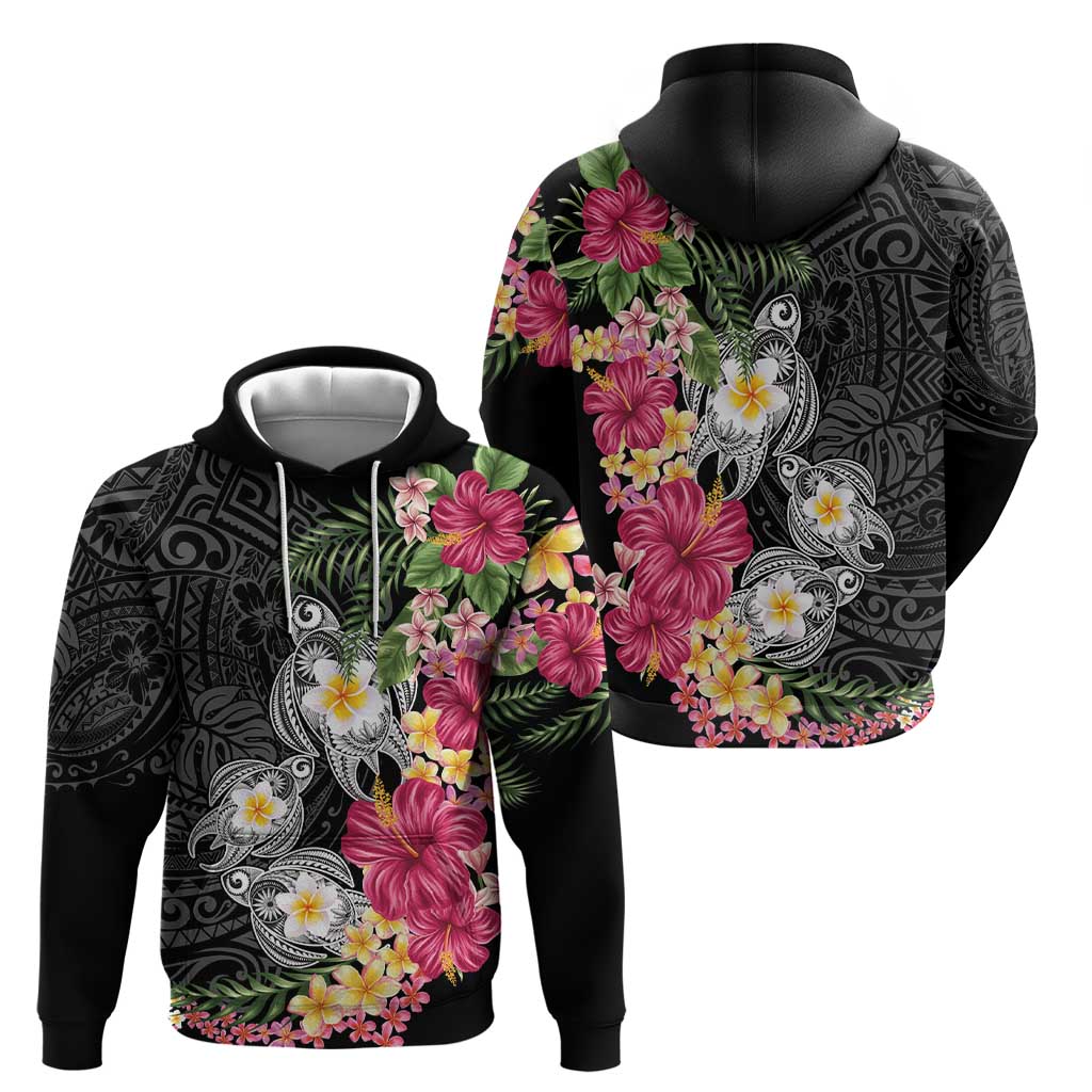 Hawaiian Tropical Flowers and Tribal Turtles Zip Hoodie Polynesian Art Motifs Black Color LT03 - Polynesian Pride