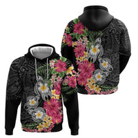 Hawaiian Tropical Flowers and Tribal Turtles Zip Hoodie Polynesian Art Motifs Black Color LT03 - Polynesian Pride