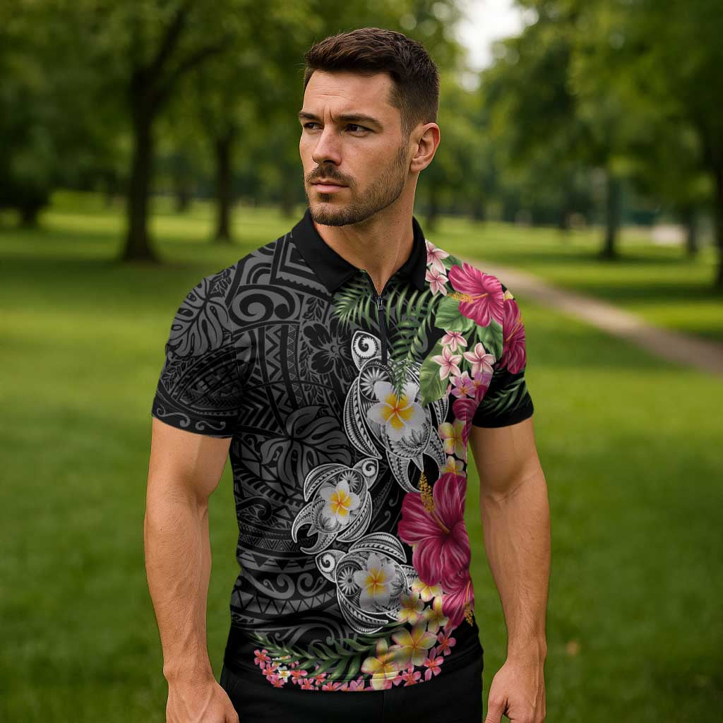 Hawaiian Tropical Flowers and Tribal Turtles Zipper Polo Shirt Polynesian Art Motifs Black Color - Polynesian Pride