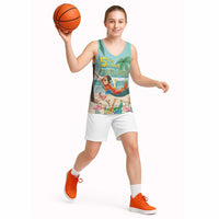 Aloha Hawaii It's 5 o'clock Somewhere Basketball Jersey Chill Parrot on Beach with Tropical Plants - Polynesian Pride