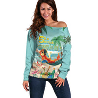 Aloha Hawaii It's 5 o'clock Somewhere Off Shoulder Sweater Chill Parrot on Beach with Tropical Plants LT03 Women Multicolor - Polynesian Pride