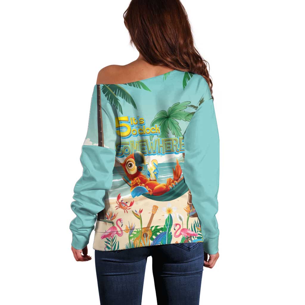 Aloha Hawaii It's 5 o'clock Somewhere Off Shoulder Sweater Chill Parrot on Beach with Tropical Plants LT03 - Polynesian Pride