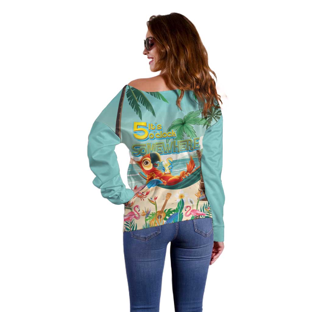 Aloha Hawaii It's 5 o'clock Somewhere Off Shoulder Sweater Chill Parrot on Beach with Tropical Plants LT03 - Polynesian Pride