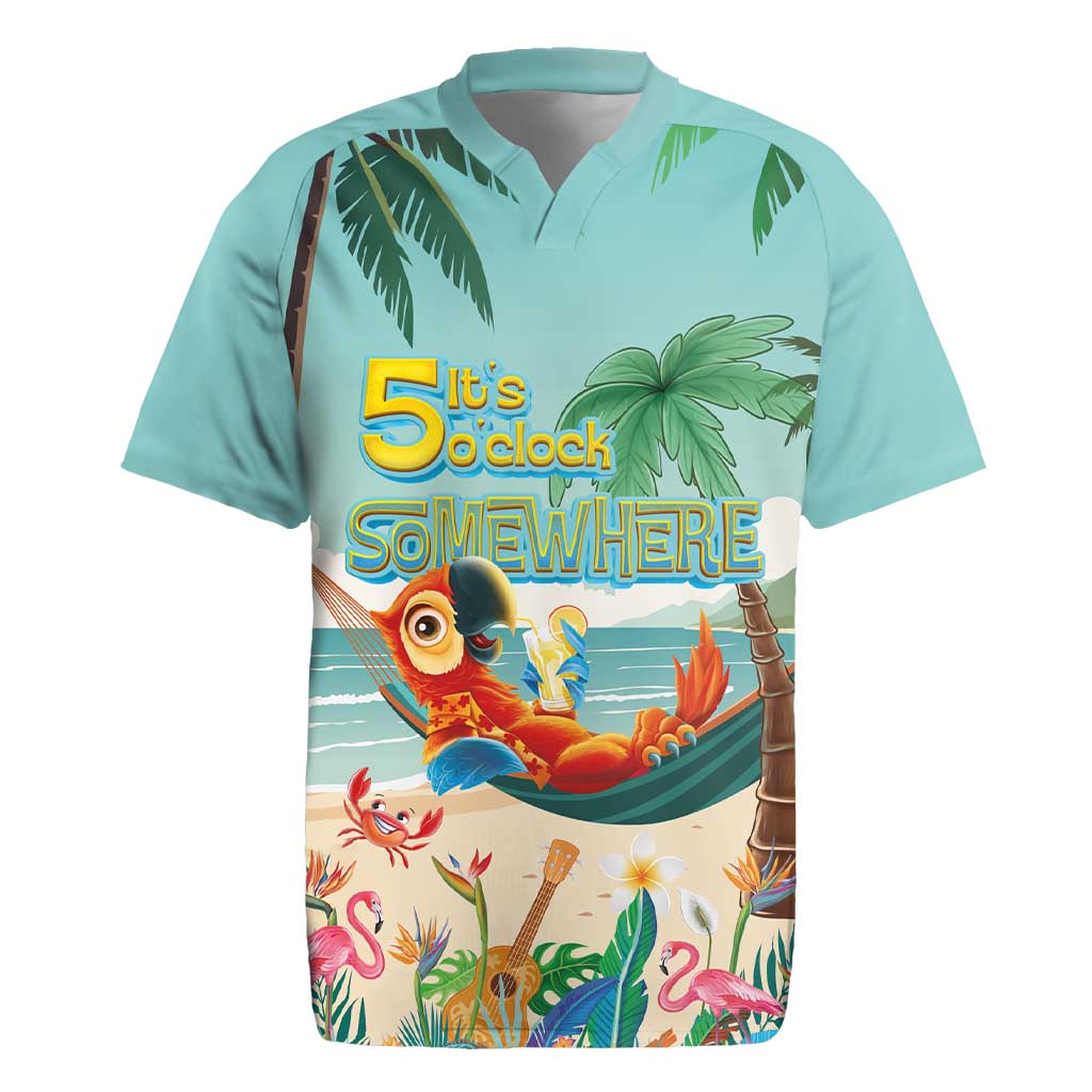 Aloha Hawaii It's 5 o'clock Somewhere Rugby Jersey Chill Parrot on Beach with Tropical Plants LT03 Multicolor - Polynesian Pride