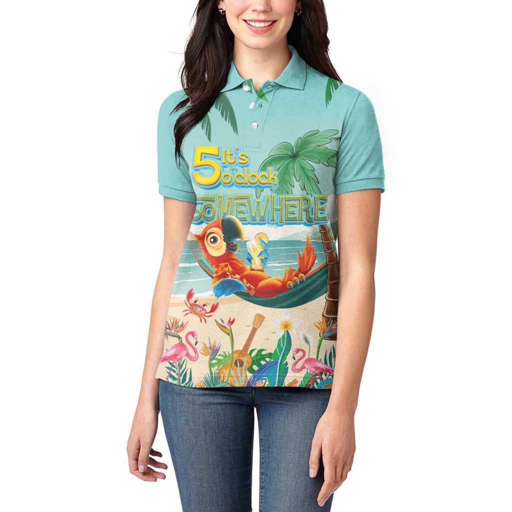 Aloha Hawaii It's 5 o'clock Somewhere Women Polo Shirt Chill Parrot on Beach with Tropical Plants LT03 - Polynesian Pride