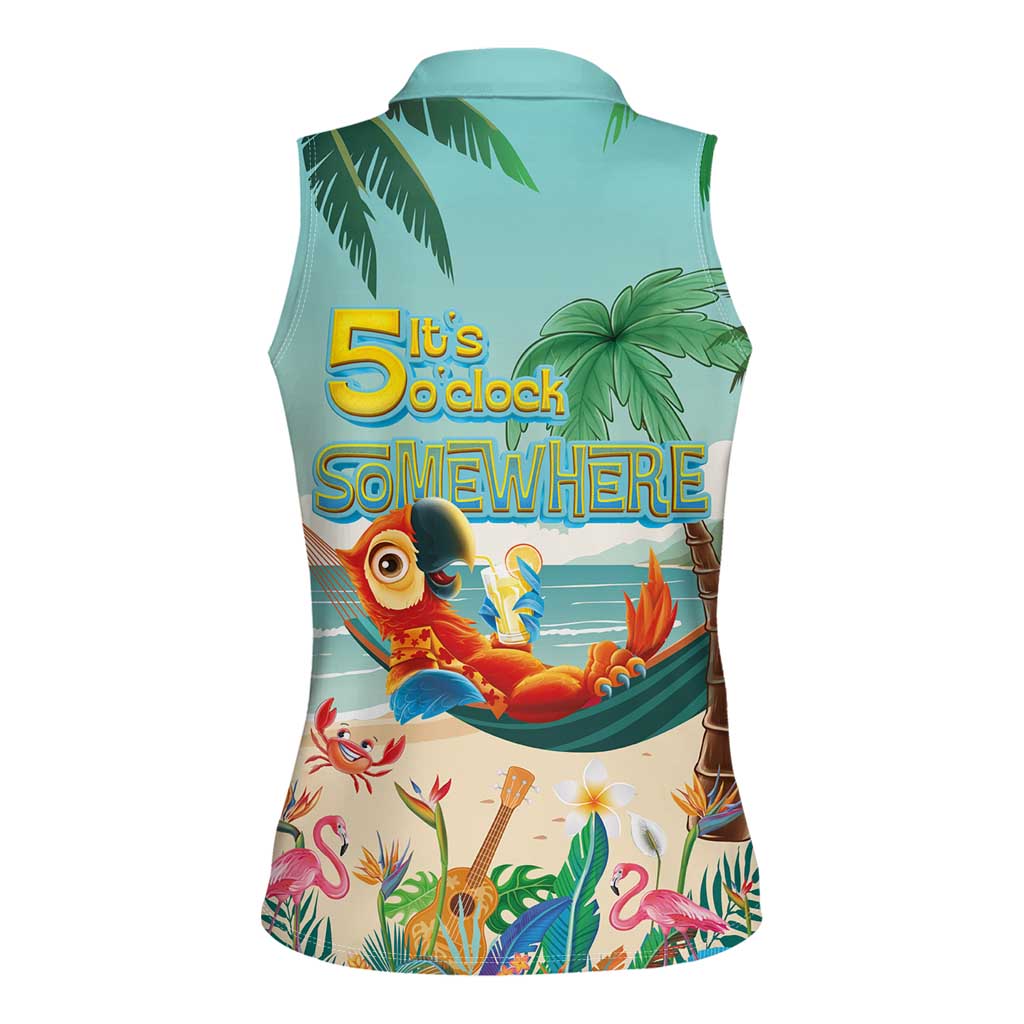 Aloha Hawaii It's 5 o'clock Somewhere Women Sleeveless Polo Shirt Chill Parrot on Beach with Tropical Plants LT03 - Polynesian Pride
