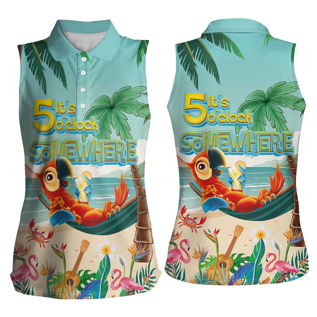 Aloha Hawaii It's 5 o'clock Somewhere Women Sleeveless Polo Shirt Chill Parrot on Beach with Tropical Plants LT03 - Polynesian Pride