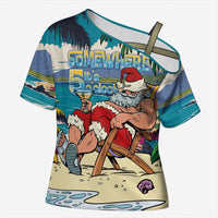 Mele Kalikimaka Hawaii It's 5 o'clock Somewhere Cross Shoulder Shirt Funny Lazy Santa Claus Chilling with Cocktail LT03 Female Multicolor - Polynesian Pride
