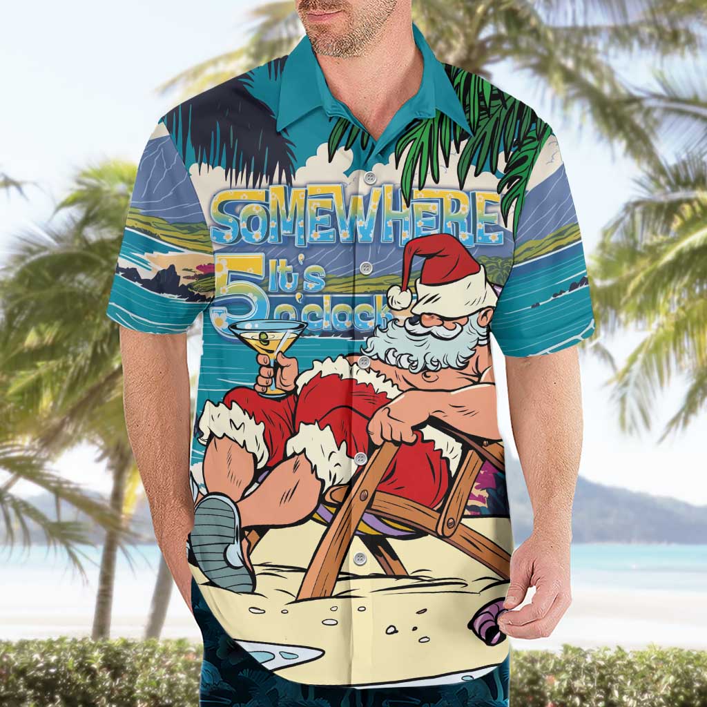 Mele Kalikimaka Hawaii It's 5 o'clock Somewhere Hawaiian Shirt Funny Lazy Santa Claus Chilling with Cocktail - Polynesian Pride