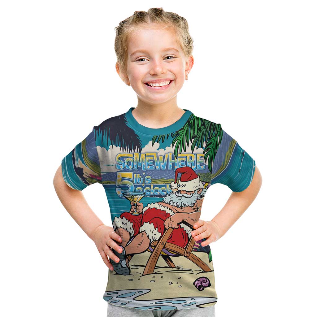 Mele Kalikimaka Hawaii It's 5 o'clock Somewhere Kid T Shirt Funny Lazy Santa Claus Chilling with Cocktail - Polynesian Pride