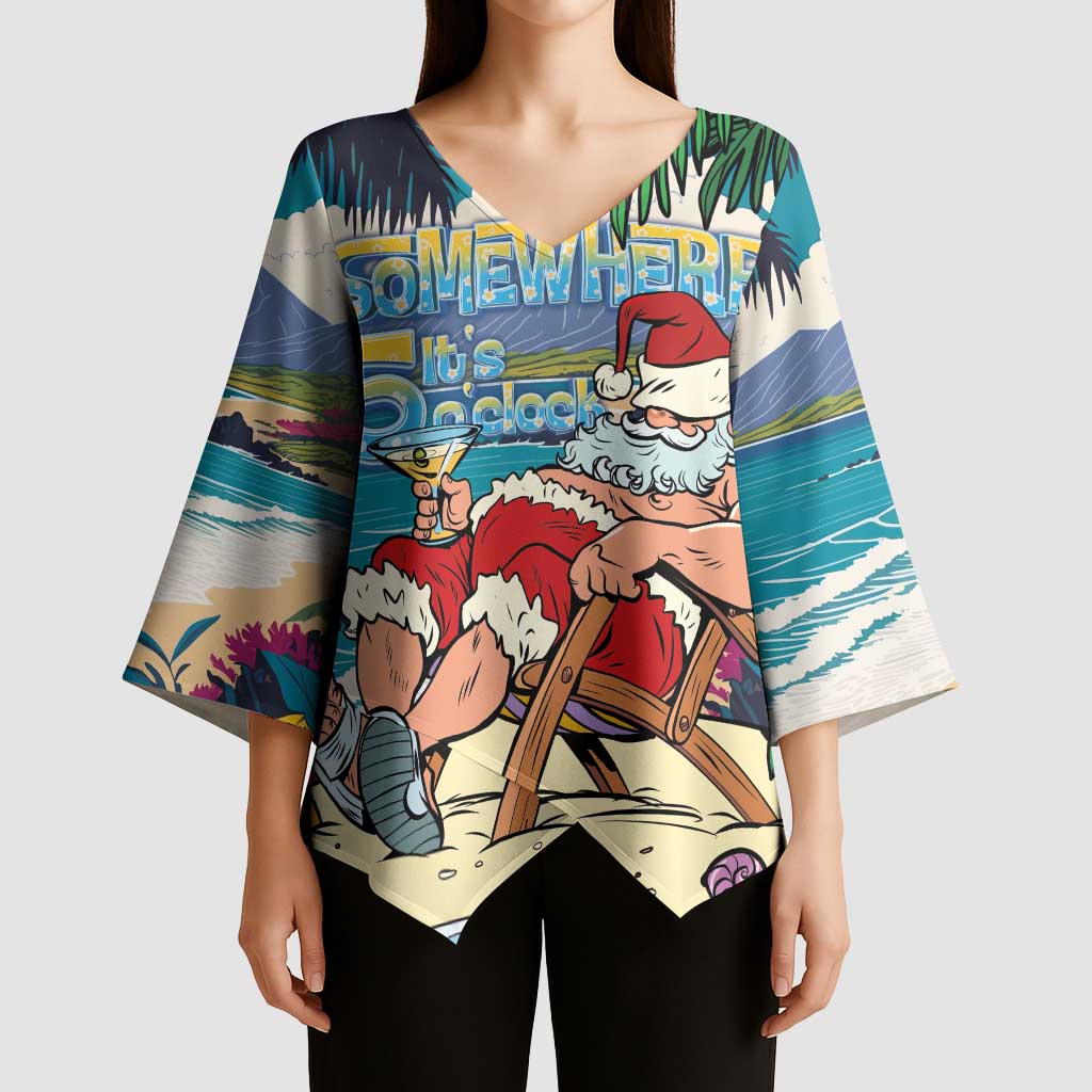 Mele Kalikimaka Hawaii It's 5 o'clock Somewhere Kimono Sleeve Blouse Funny Lazy Santa Claus Chilling with Cocktail LT03 - Polynesian Pride
