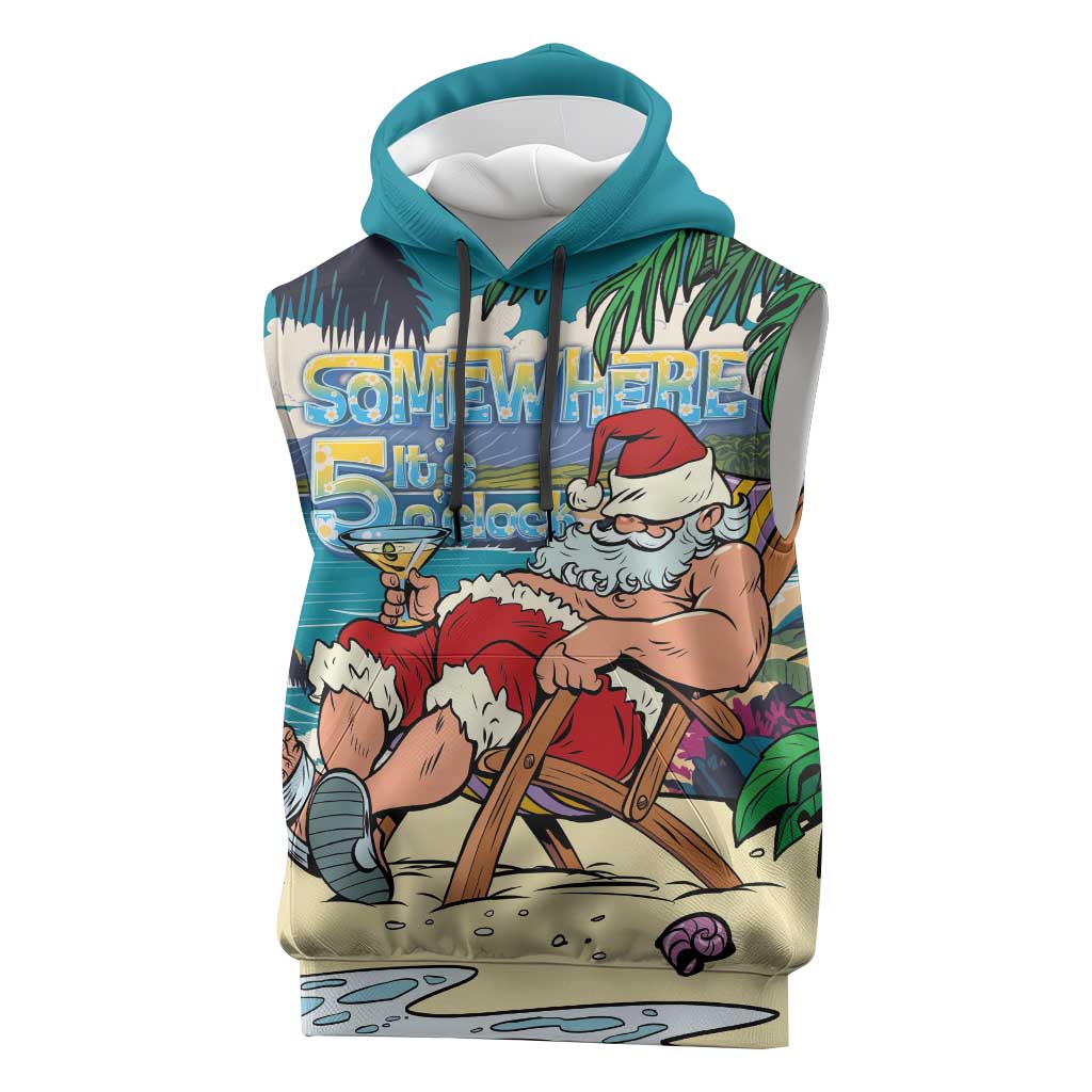 Mele Kalikimaka Hawaii It's 5 o'clock Somewhere Sleeveless Hoodie Funny Lazy Santa Claus Chilling with Cocktail LT03 Multicolor - Polynesian Pride