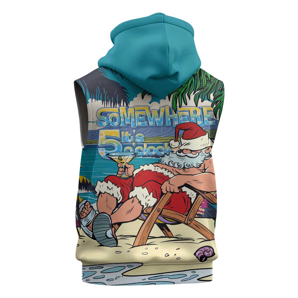 Mele Kalikimaka Hawaii It's 5 o'clock Somewhere Sleeveless Hoodie Funny Lazy Santa Claus Chilling with Cocktail LT03 - Polynesian Pride