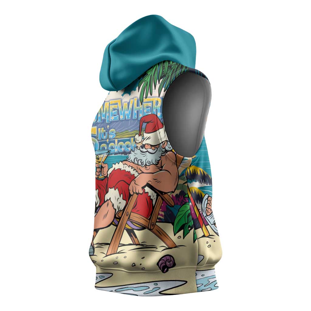 Mele Kalikimaka Hawaii It's 5 o'clock Somewhere Sleeveless Hoodie Funny Lazy Santa Claus Chilling with Cocktail LT03 - Polynesian Pride