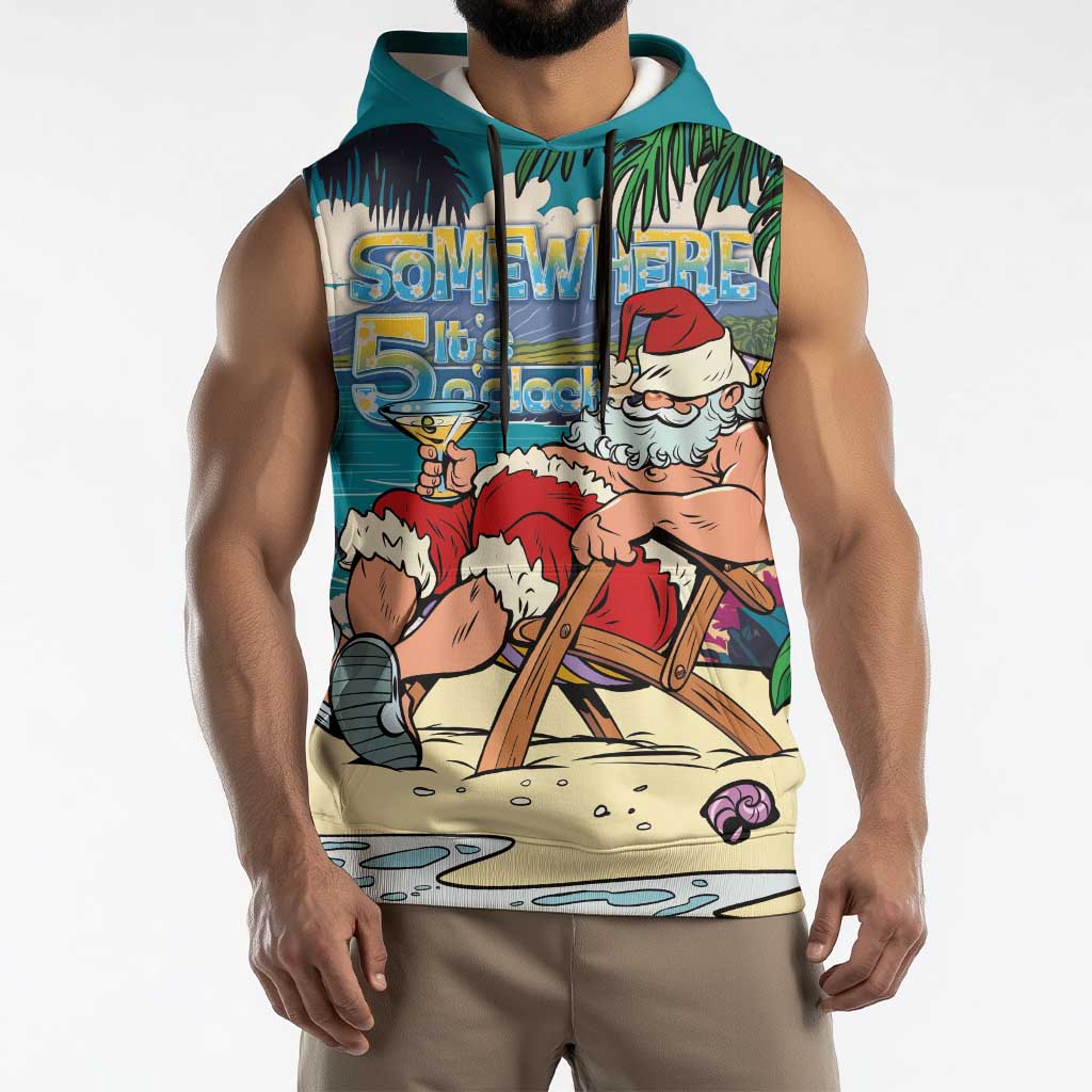 Mele Kalikimaka Hawaii It's 5 o'clock Somewhere Sleeveless Hoodie Funny Lazy Santa Claus Chilling with Cocktail LT03 - Polynesian Pride