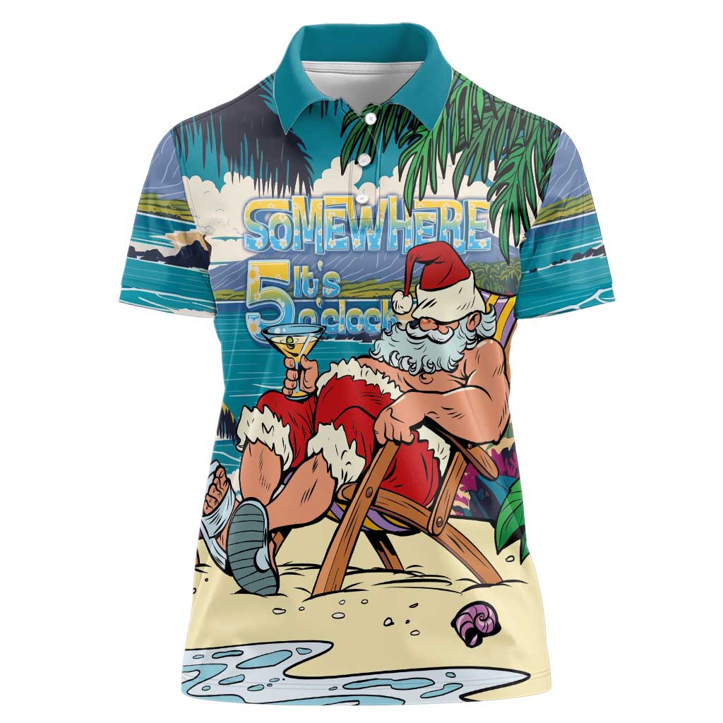 Mele Kalikimaka Hawaii It's 5 o'clock Somewhere Women Polo Shirt Funny Lazy Santa Claus Chilling with Cocktail - Polynesian Pride