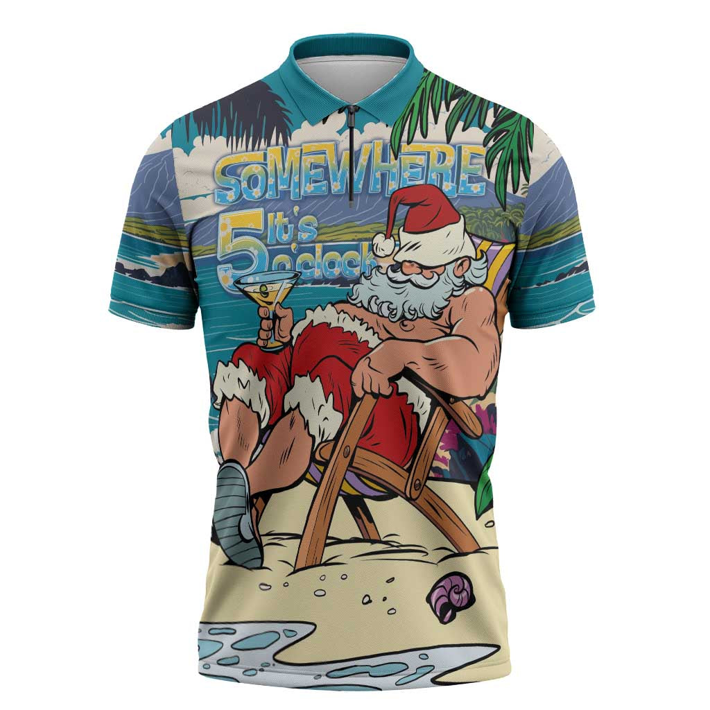 Mele Kalikimaka Hawaii It's 5 o'clock Somewhere Zipper Polo Shirt Funny Lazy Santa Claus Chilling with Cocktail - Polynesian Pride