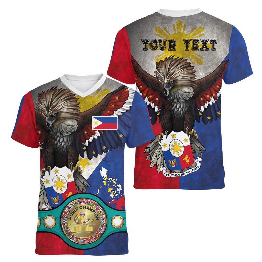 Custom Philippines World Champion Boxing Women V-Neck T-Shirt Eagle-Grunge Design LT03 - Polynesian Pride
