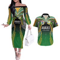 Custom Cook Islands Rugby League Couples Matching Off The Shoulder Long Sleeve Dress and Hawaiian Shirt Avaiki Tatau Tribal Motifs Black Color - Polynesian Pride
