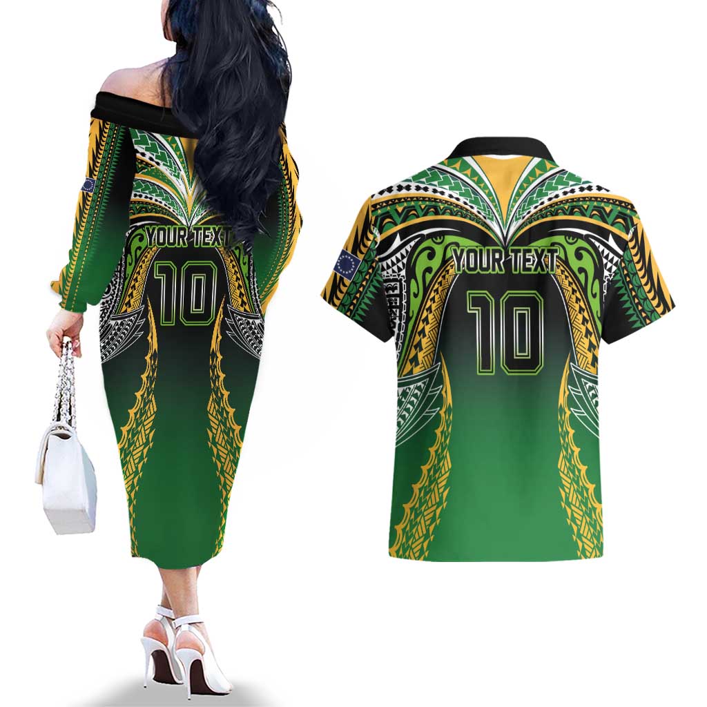 Custom Cook Islands Rugby League Couples Matching Off The Shoulder Long Sleeve Dress and Hawaiian Shirt Avaiki Tatau Tribal Motifs Black Color - Polynesian Pride
