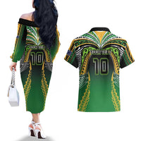 Custom Cook Islands Rugby League Couples Matching Off The Shoulder Long Sleeve Dress and Hawaiian Shirt Avaiki Tatau Tribal Motifs Black Color - Polynesian Pride
