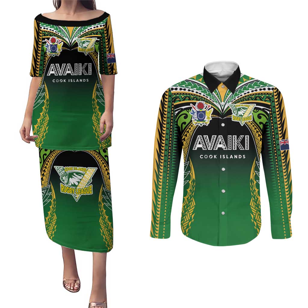Custom Cook Islands Rugby League Couples Matching Puletasi and Long Sleeve Button Shirt Avaiki Tatau Tribal Motifs Black Color - Polynesian Pride