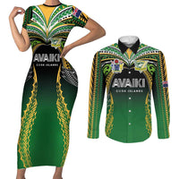 Custom Cook Islands Rugby League Couples Matching Short Sleeve Bodycon Dress and Long Sleeve Button Shirt Avaiki Tatau Tribal Motifs Black Color - Polynesian Pride