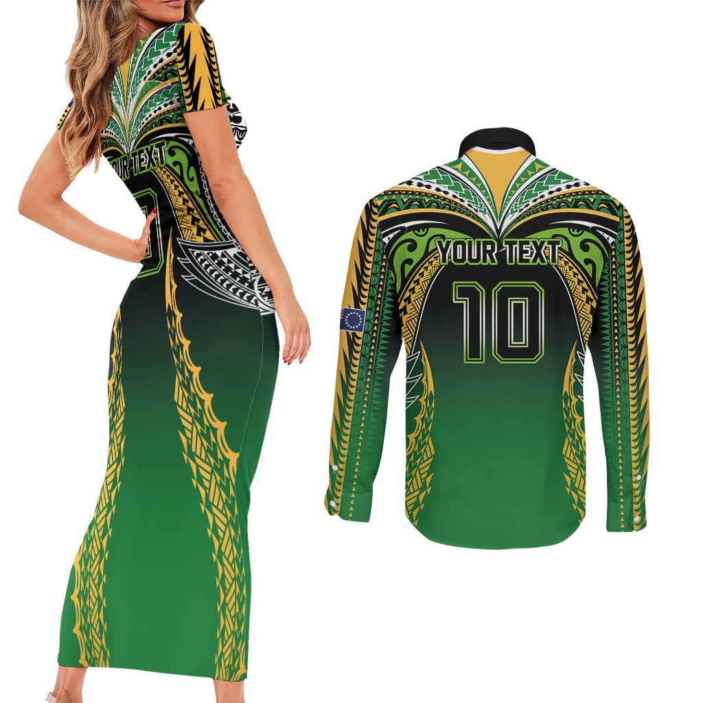 Custom Cook Islands Rugby League Couples Matching Short Sleeve Bodycon Dress and Long Sleeve Button Shirt Avaiki Tatau Tribal Motifs Black Color - Polynesian Pride
