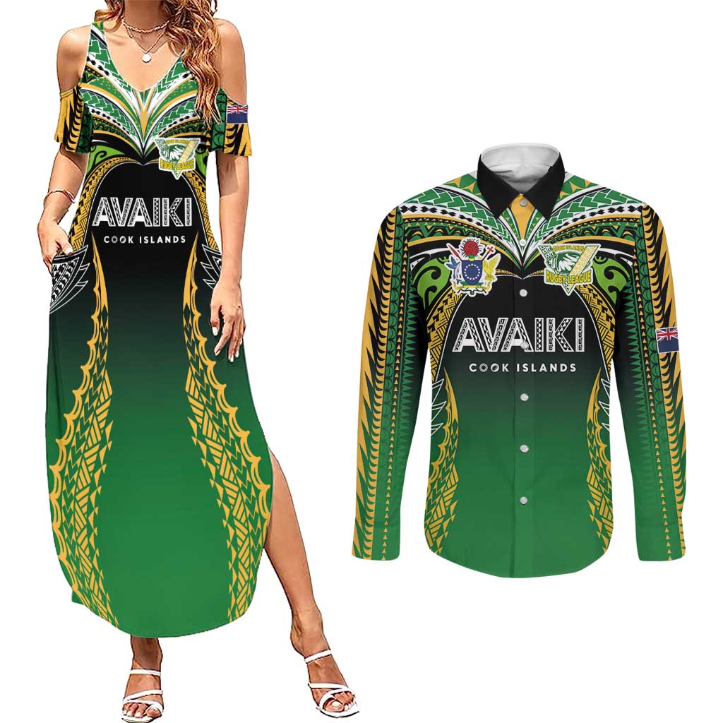 Custom Cook Islands Rugby League Couples Matching Summer Maxi Dress and Long Sleeve Button Shirt Avaiki Tatau Tribal Motifs Black Color - Polynesian Pride