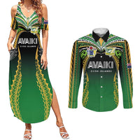 Custom Cook Islands Rugby League Couples Matching Summer Maxi Dress and Long Sleeve Button Shirt Avaiki Tatau Tribal Motifs Black Color - Polynesian Pride