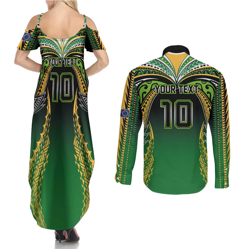 Custom Cook Islands Rugby League Couples Matching Summer Maxi Dress and Long Sleeve Button Shirt Avaiki Tatau Tribal Motifs Black Color - Polynesian Pride
