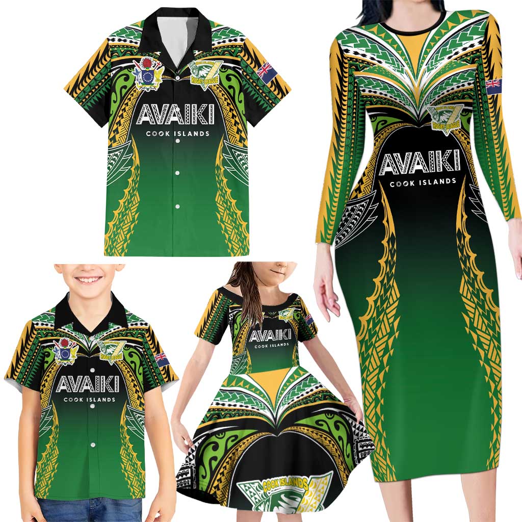 Custom Cook Islands Rugby League Family Matching Long Sleeve Bodycon Dress and Hawaiian Shirt Avaiki Tatau Tribal Motifs Black Color LT03 - Polynesian Pride