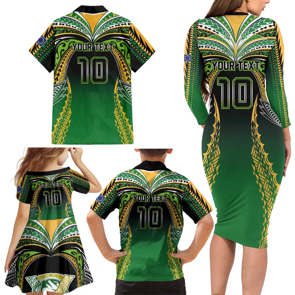 Custom Cook Islands Rugby League Family Matching Long Sleeve Bodycon Dress and Hawaiian Shirt Avaiki Tatau Tribal Motifs Black Color LT03 - Polynesian Pride
