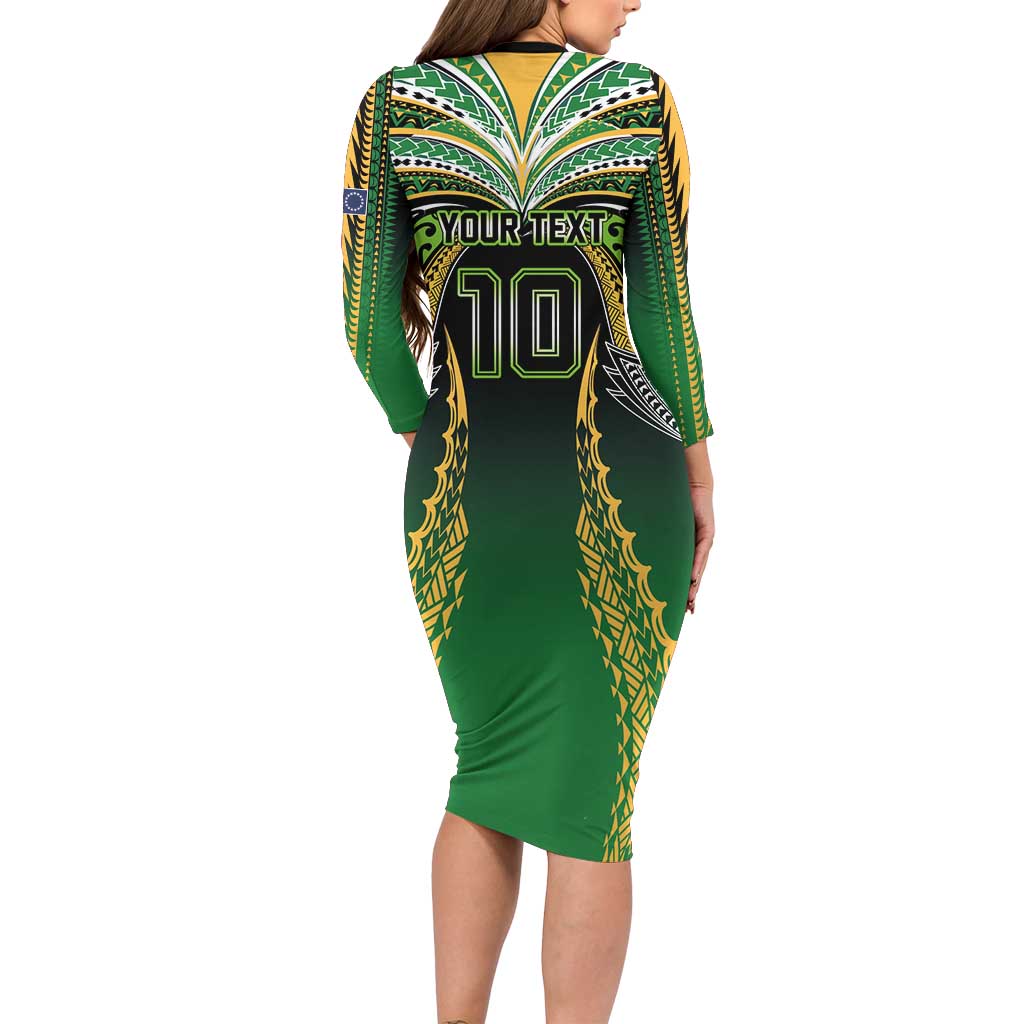 Custom Cook Islands Rugby League Family Matching Long Sleeve Bodycon Dress and Hawaiian Shirt Avaiki Tatau Tribal Motifs Black Color LT03 - Polynesian Pride