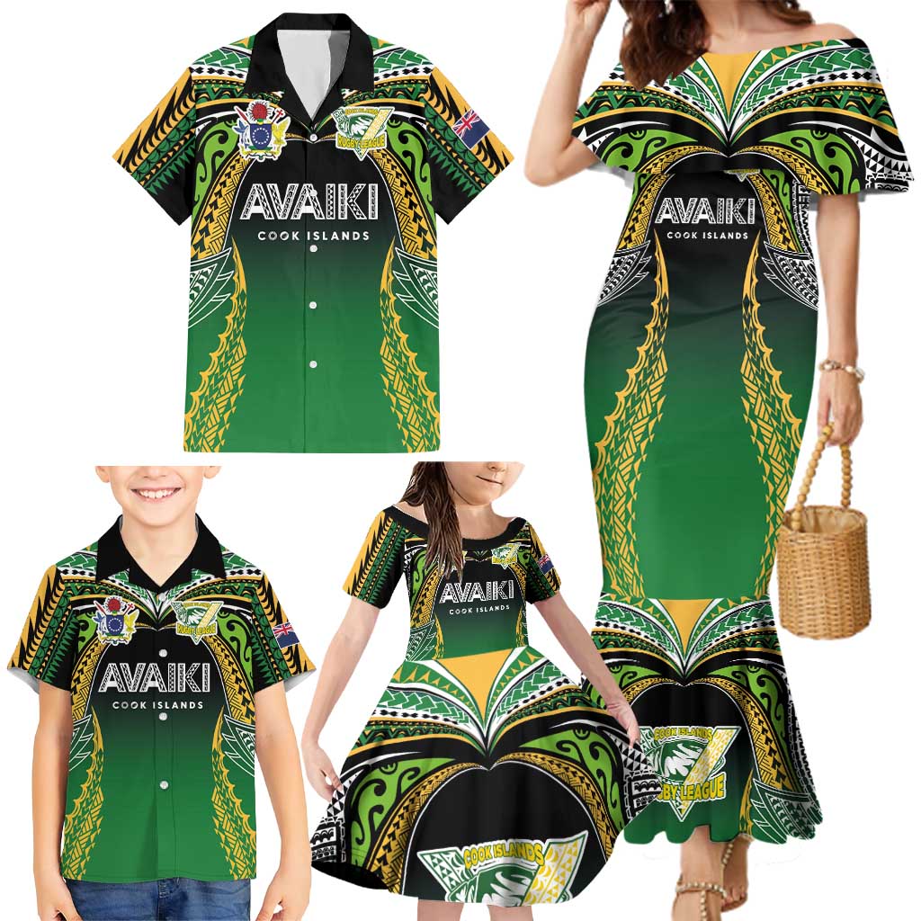 Custom Cook Islands Rugby League Family Matching Mermaid Dress and Hawaiian Shirt Avaiki Tatau Tribal Motifs Black Color LT03 - Polynesian Pride