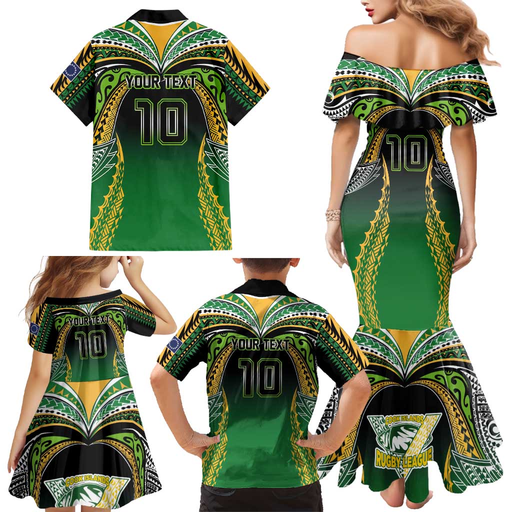 Custom Cook Islands Rugby League Family Matching Mermaid Dress and Hawaiian Shirt Avaiki Tatau Tribal Motifs Black Color LT03 - Polynesian Pride