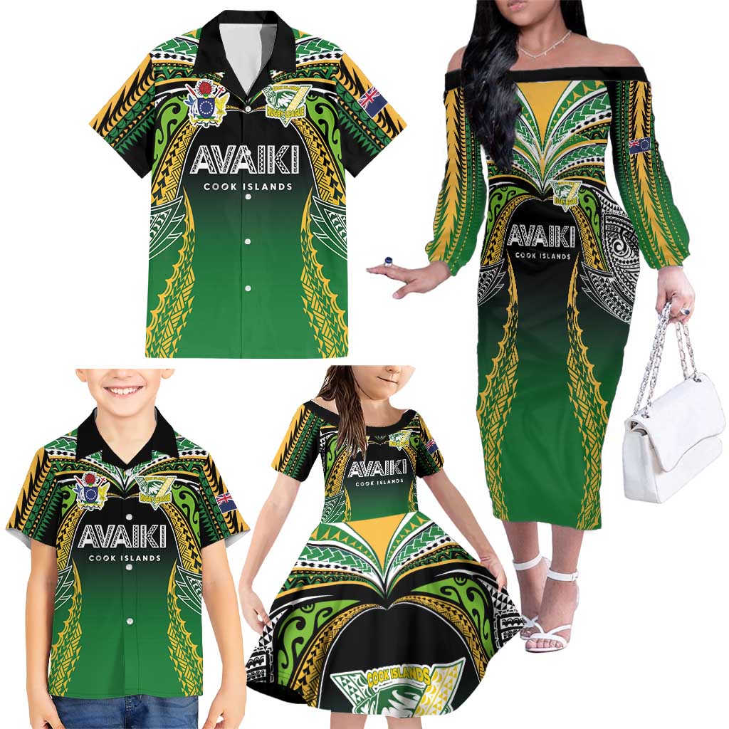 Custom Cook Islands Rugby League Family Matching Off The Shoulder Long Sleeve Dress and Hawaiian Shirt Avaiki Tatau Tribal Motifs Black Color LT03 - Polynesian Pride